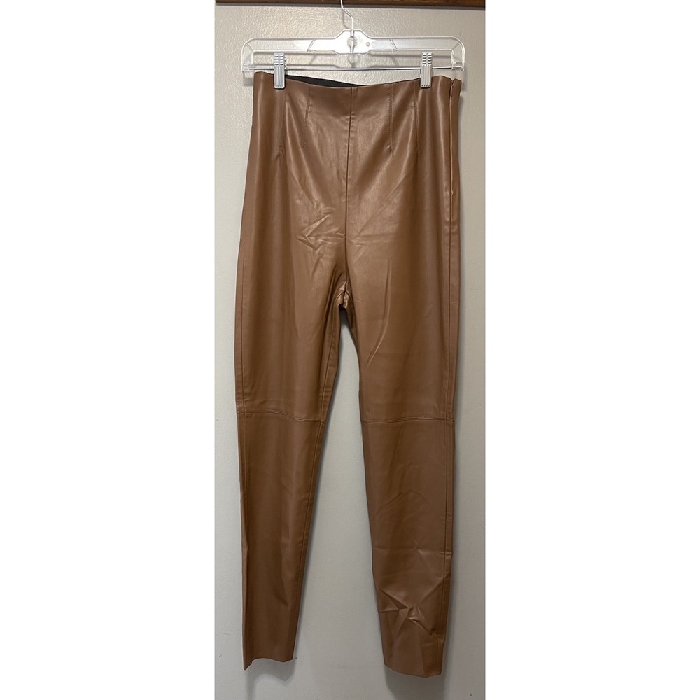 Zara High Waisted Leggings 28 X 27 Brown Faux Leather Side Zip Skinny Leg
